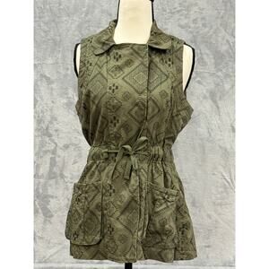 Cargo Vest Olive Green Utility Cinch Waist Military Sleeveless Boho Top Womens S